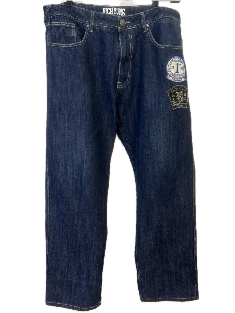 Rich Yung Society Cool Patches Y2K Hip Hop Streetwear Denim Blue Jeans Lux